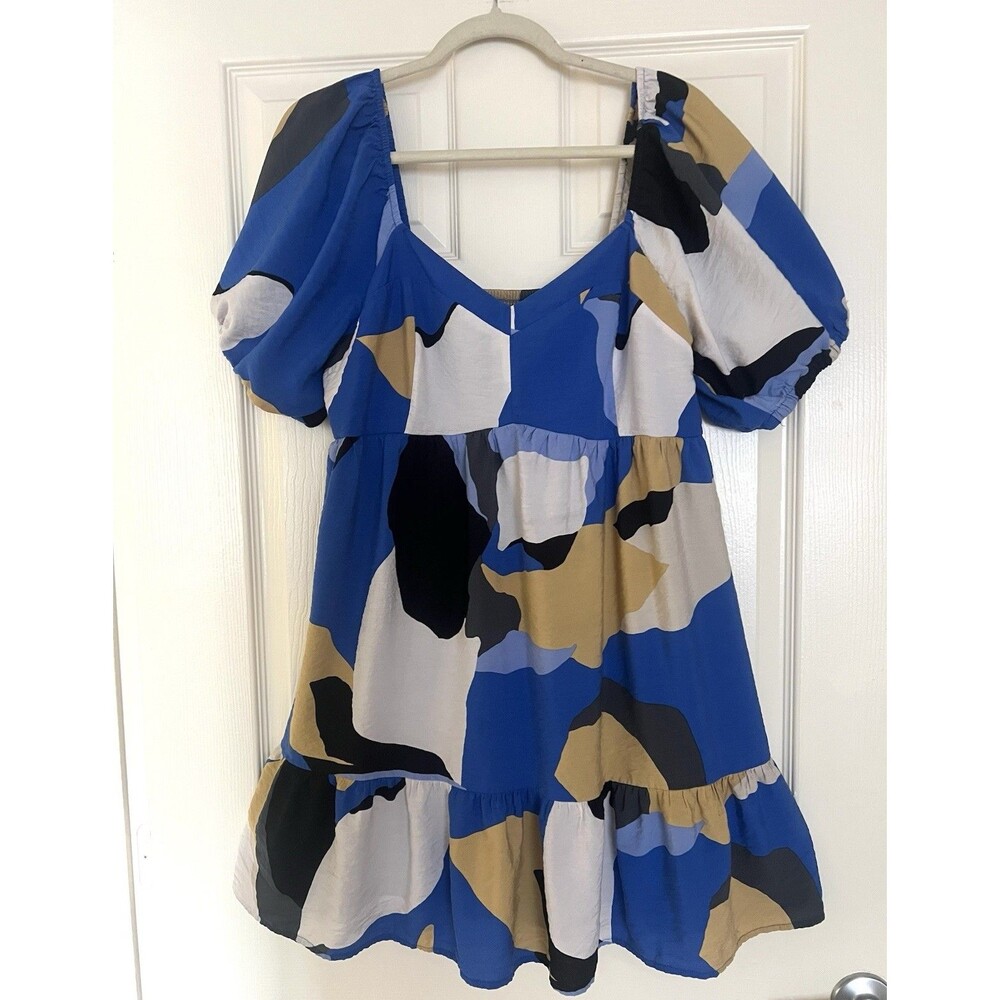 Nine West Abstract Print Puff Sleeve Babydoll Mini Dress Size XL Cottage Core
